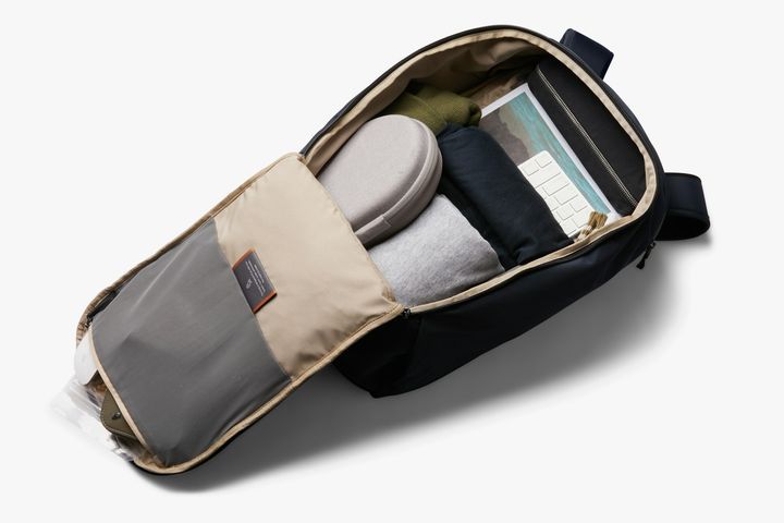 Bellroy Transit Workpack 20L in Nightsky, opened to show its interior and mesh pocket